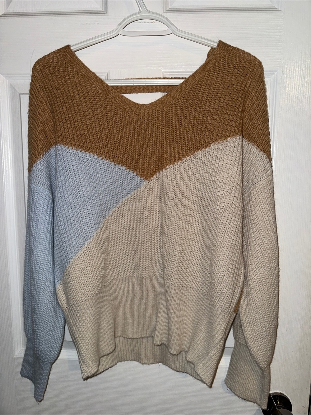 Neutral Colorblock V-Neck Sweater in Camel, Light Blue, and Cream